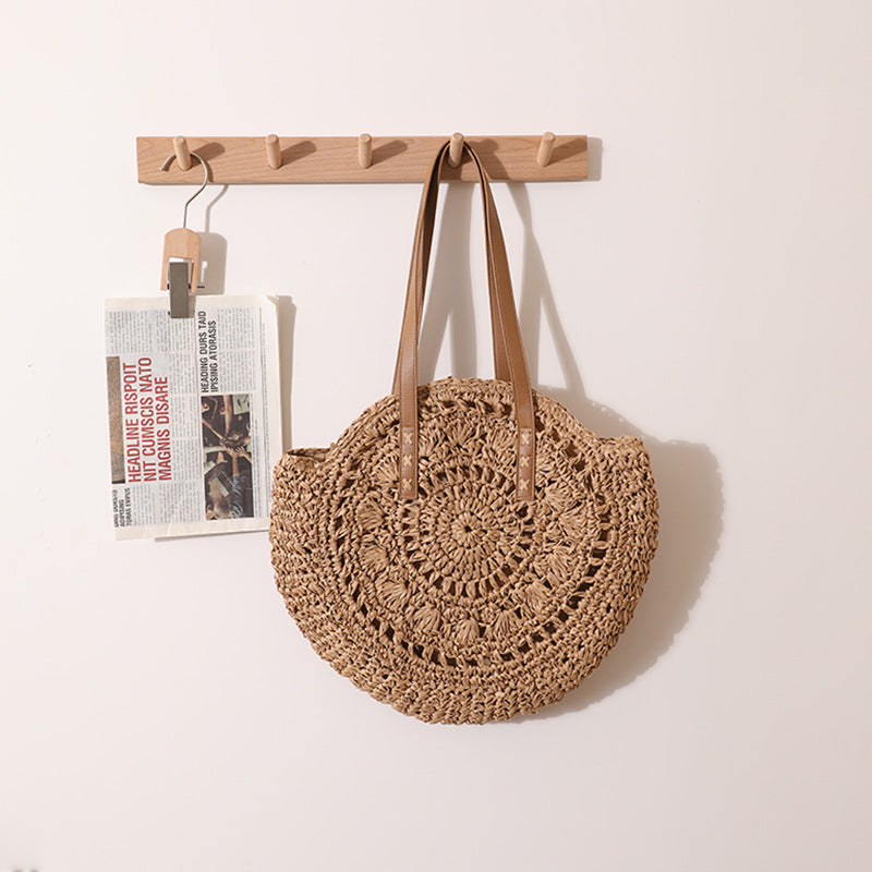 round Straw Bag One Shoulder Portable Hollow Out Cutout out Straw Bag Woven Bag Women Summer Seaside Casual Vacation Beach Bag EaseWoven