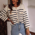 Sweater Autumn Winter Black White Striped Button Knitted Cardigan Casual Long Sleeved Sweater for Women