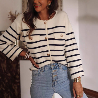 Sweater Autumn Winter Black White Striped Button Knitted Cardigan Casual Long Sleeved Sweater for Women