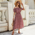 Women Floral off Shoulder Short Sleeve Retro Vacation Dress JoyMer