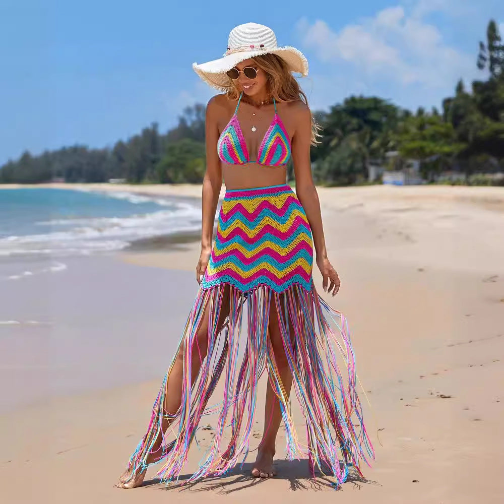 Conjunto de falda playera sexy de ganchillo a mano con borlas onduladas para mujer