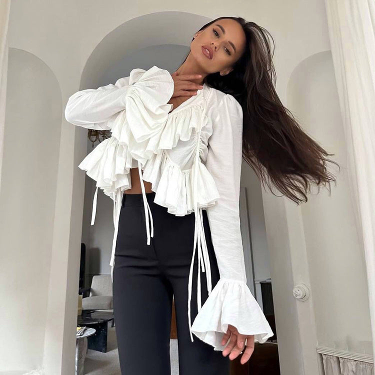 Women Clothing Spring Ruffled Flare Sleeve Tie Neck Top All Matching Shirt Kigali