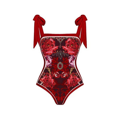 Traje de baño conservador con protector solar para mujer, falda de gasa estampada vintage, bikini