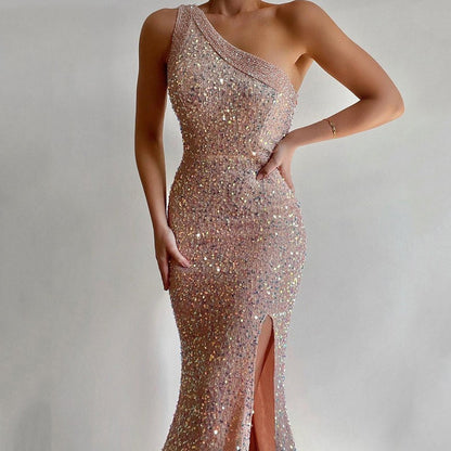 Women Clothing Pink Split Dress One Shoulder Sequ Dress