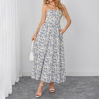 Summer Tube Top Smocking Dress Sexy Printed Waist Controlled Slimming Vacation Dress SUNSHINE