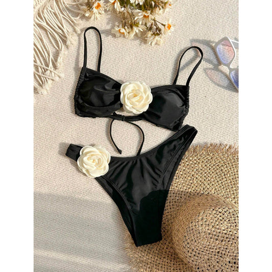 Traje de baño de bikini sexy con estampado floral tridimensional para mujer, ideal para vacaciones en la playa.