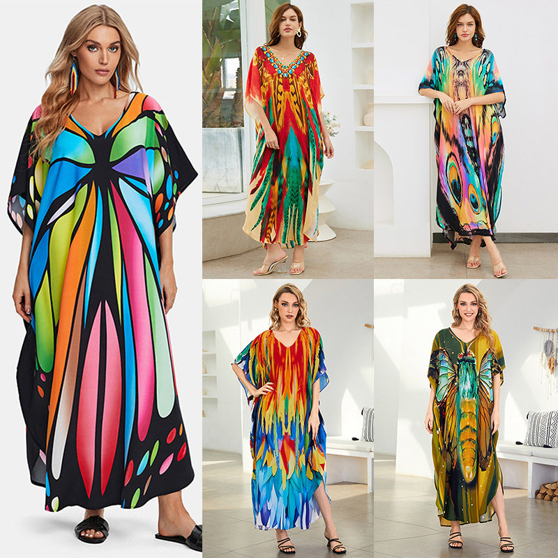 Bata holgada con estampado de rayón para mujer, talla grande, para playa, vacaciones, maxivestido, camisa de protección solar