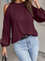 Blusa plisada de manga larga con cuello redondo y hombros descubiertos para mujer, color liso, con hojas de loto, para otoño e invierno