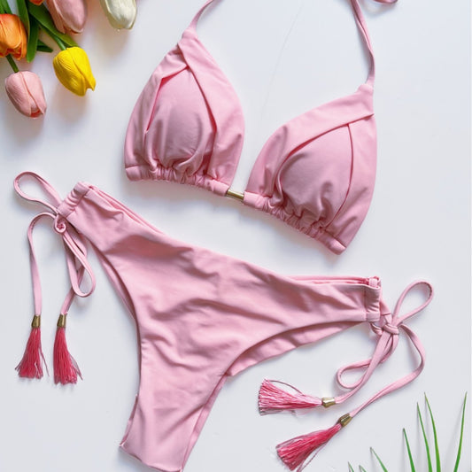 Conjunto de bikini de color liso con borlas para mujer, traje de baño sexy para playa