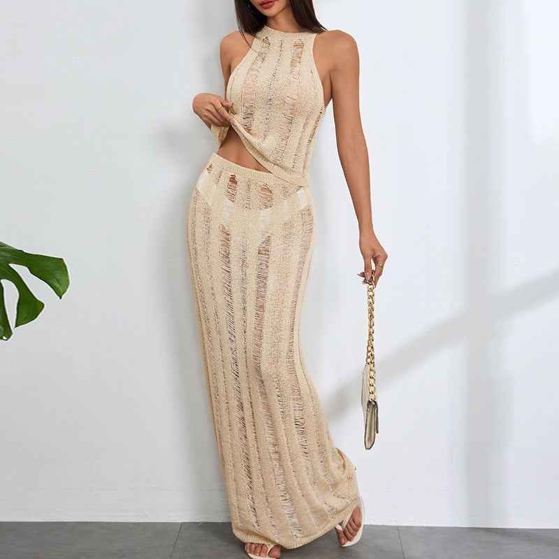 Conjunto de falda sin mangas con textura floral calada, sexy, para mujer, salida de playa, falda larga