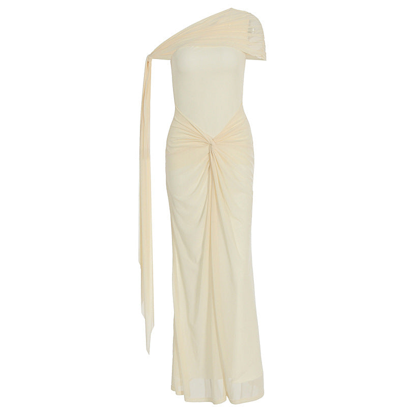 Women Clothing Oblique Shoulder Irregular Asymmetric Maxi Dress Pleated Slim Summer Dress for Women WensDiva