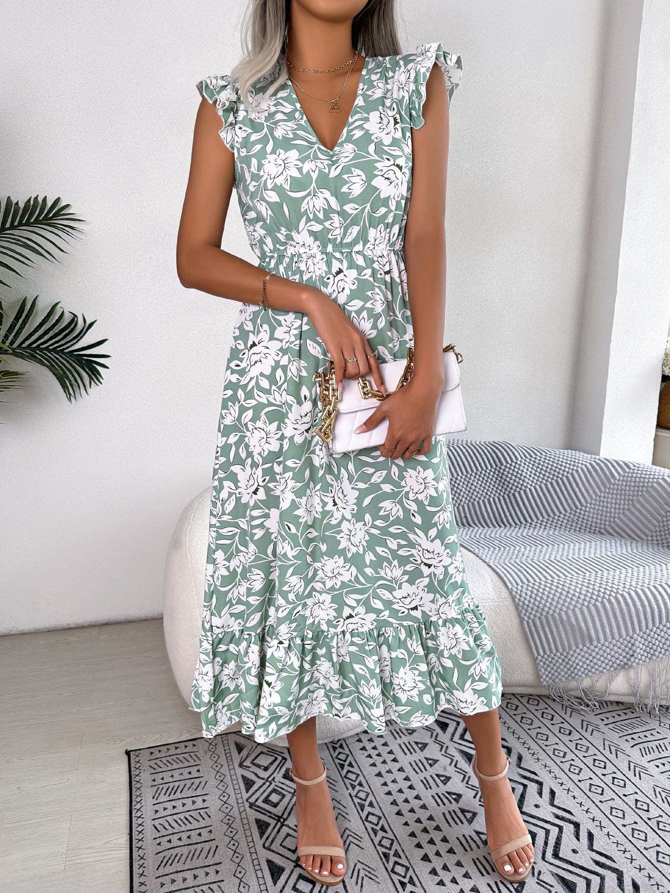 Spring Summer Casual Wooden Ear Floral Waist Slimming Maxi Dress Holiday Dress Women Clothing BAGIISA