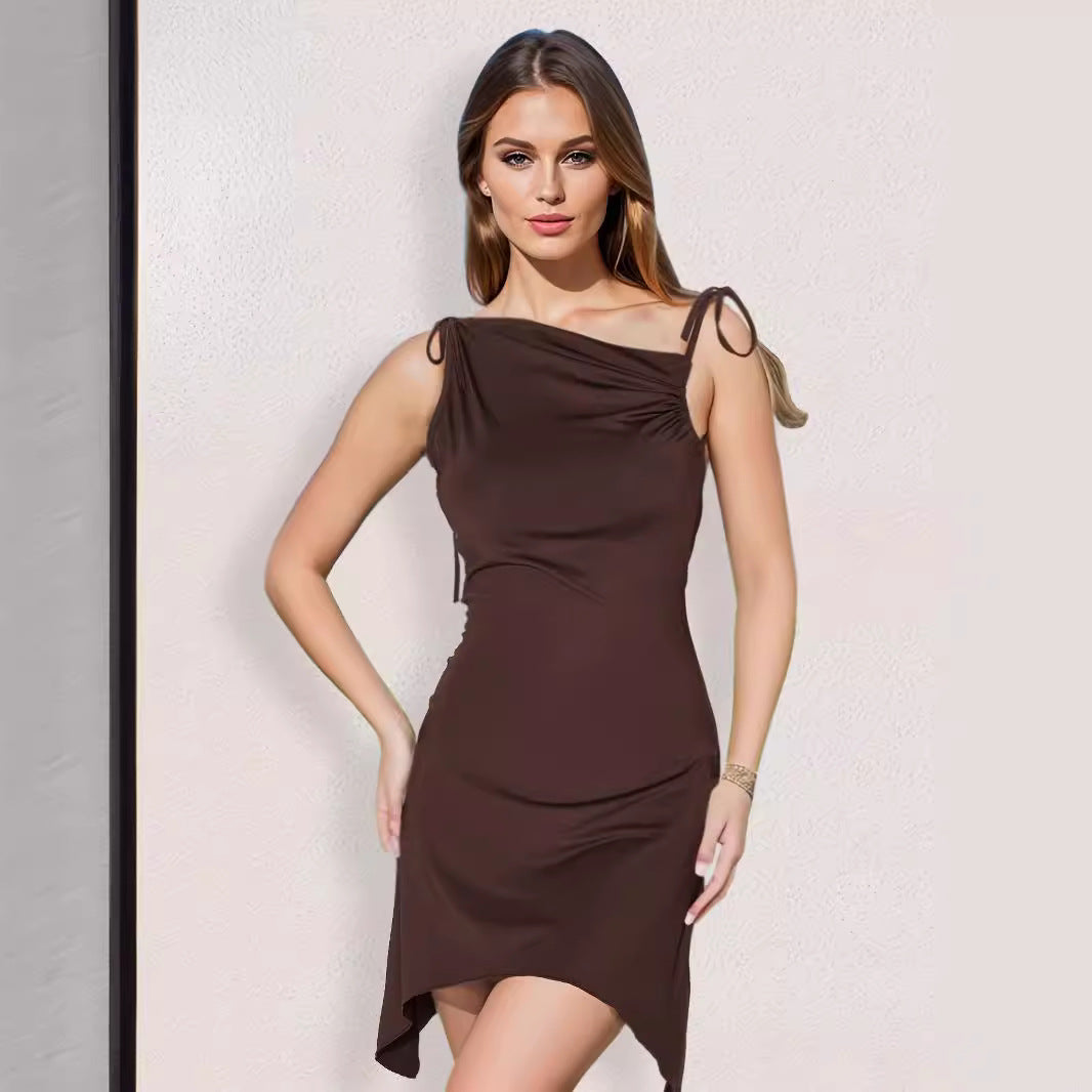 Vestido de verano para mujer, sexy, sin espalda, irregular, asimétrico, con tirantes plisados ​​y cuello diagonal