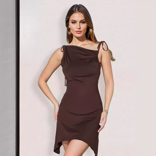 Vestido de verano para mujer, sexy, sin espalda, irregular, asimétrico, con tirantes plisados ​​y cuello diagonal