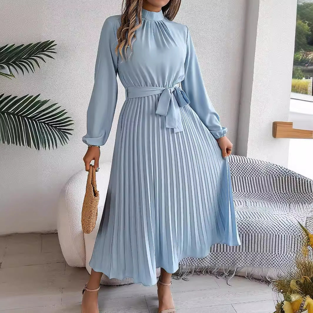 Robe longue élégante automne-hiver à col montant, manches longues et plissée, taille S, vêtements pour femmes