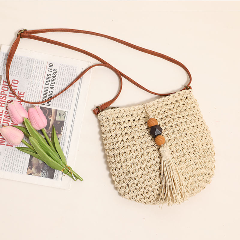 Sac bandoulière en paille, sac en paille à pompons et perles en bois, sac tissé, sac de plage pour femme 