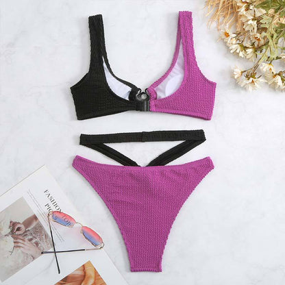 Traje de baño de bikini de color contrastante para mujer con estampado de ondas y abertura