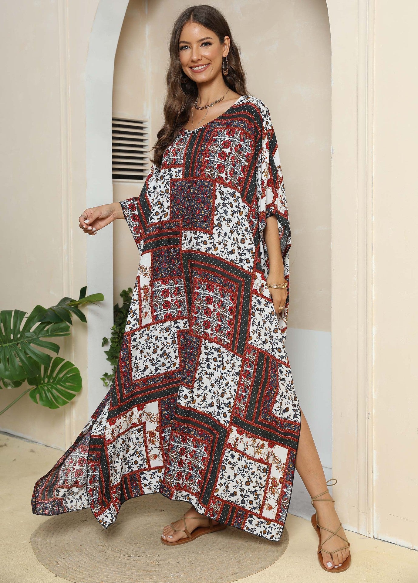Women Dress Women Clothing Ethnic Print Loose Blouse Beach Holiday Split Mop Dress