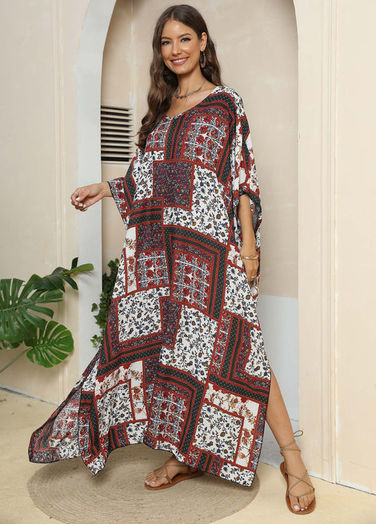 Women Dress Women Clothing Ethnic Print Loose Blouse Beach Holiday Split Mop Dress