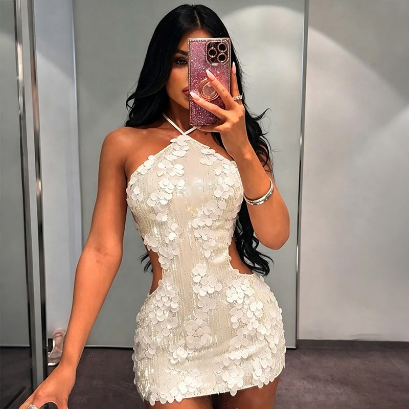 Summer Women Clothing Night Club Sexy Backless Halter Lace up Fashionable Sequ Sheath Dress Dores