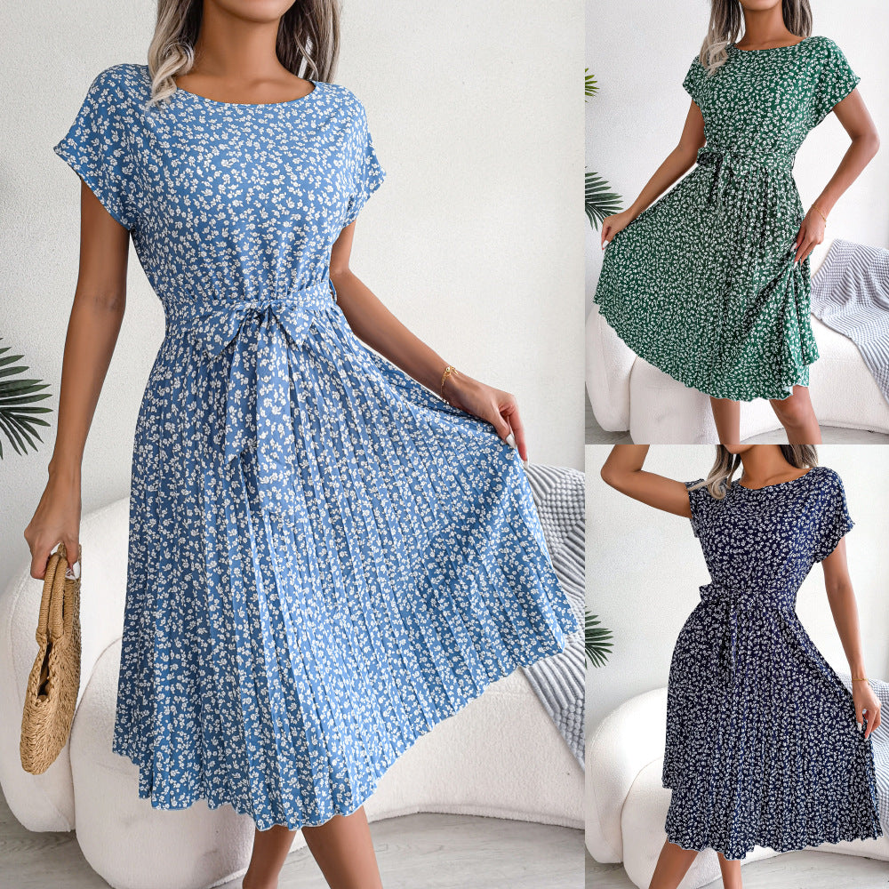 Spring Summer New Casual Short Sleeve Floral Large Hem Pleated Women Clothing BAGIISA