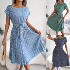 Spring Summer New Casual Short Sleeve Floral Large Hem Pleated Women Clothing BAGIISA