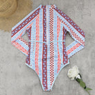 Striped Printed Long Sleeve Zipper Briefs Surfing Set One Piece Swimsuit Women Thunder