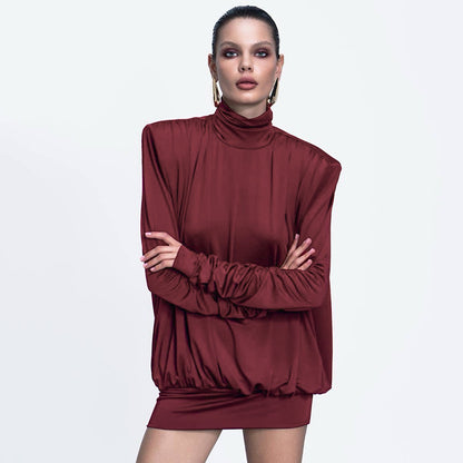 Women Clothing Autumn Winter Turtleneck Padded Shoulder Loose Pleated Sexy Backless Dress