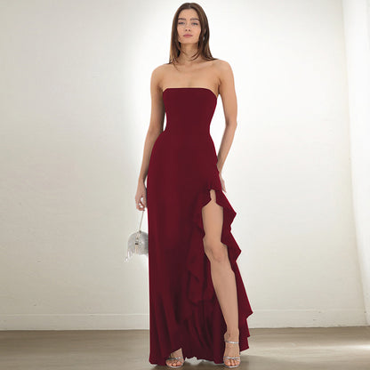 Women Clothing Summer Solid Color Sexy Split Maxi Dress Tube Top Dress Women