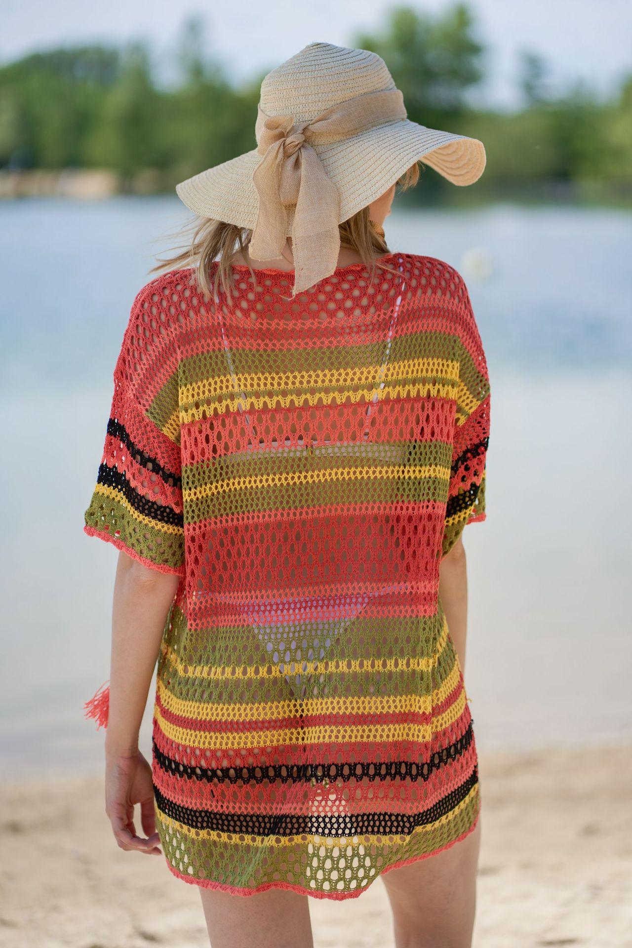 Blusa de bikini de punto con rayas de colores para playa, sexy, con aberturas y protección solar para vacaciones