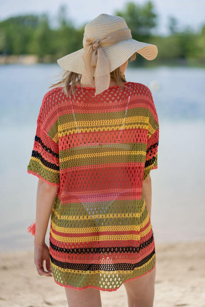 Blusa de bikini de punto con rayas de colores para playa, sexy, con aberturas y protección solar para vacaciones