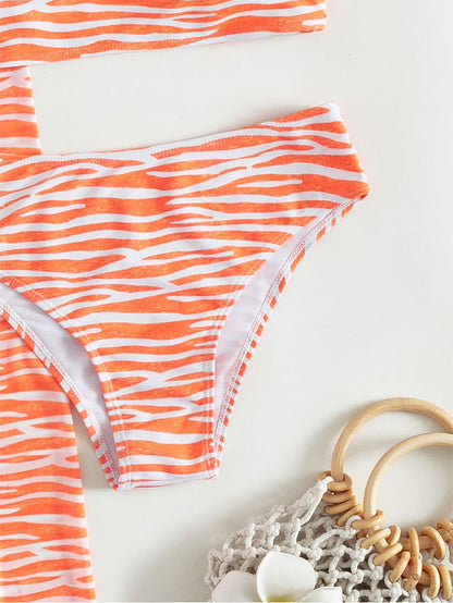 Traje de baño bikini sexy de tres piezas con falda de cárdigan a rayas y traje de baño dividido de tres piezas
