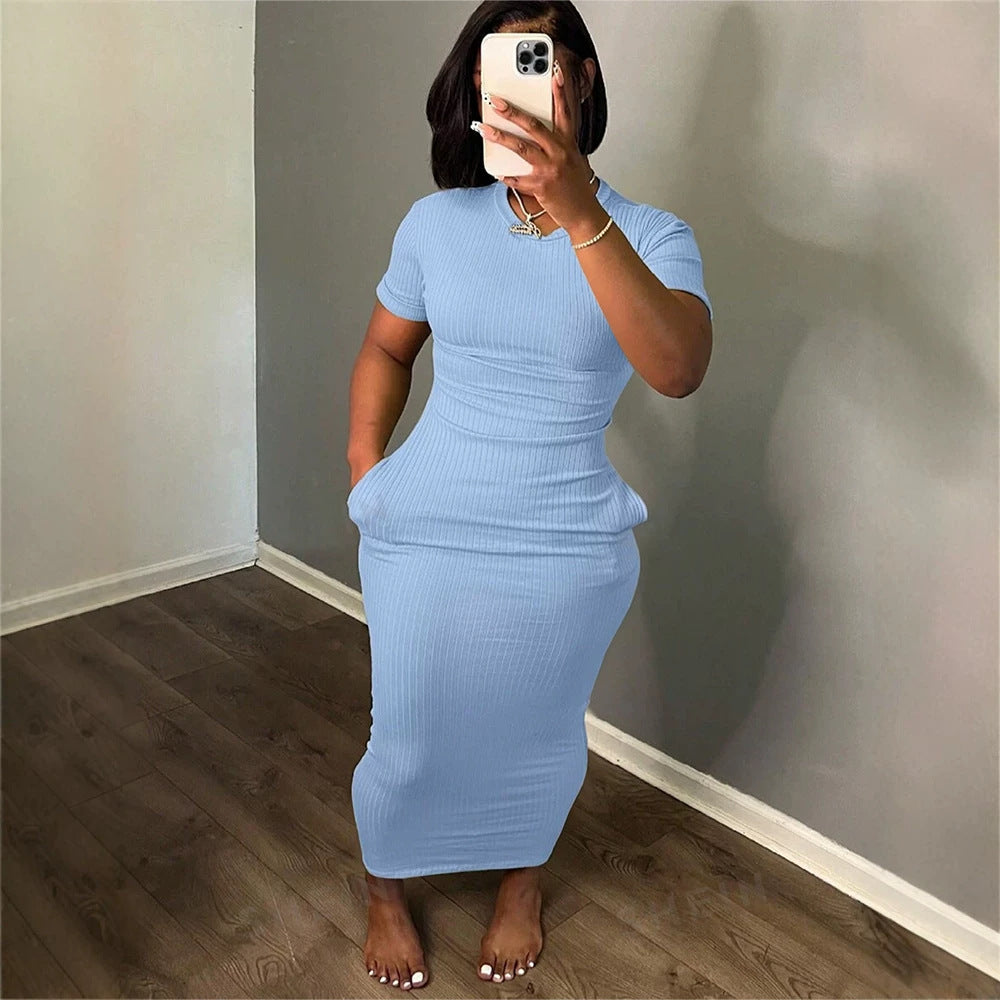Solid Color round Neck Tight Mid Length Dress Rib Knitted Short Sleeve Slim Dress YILINE
