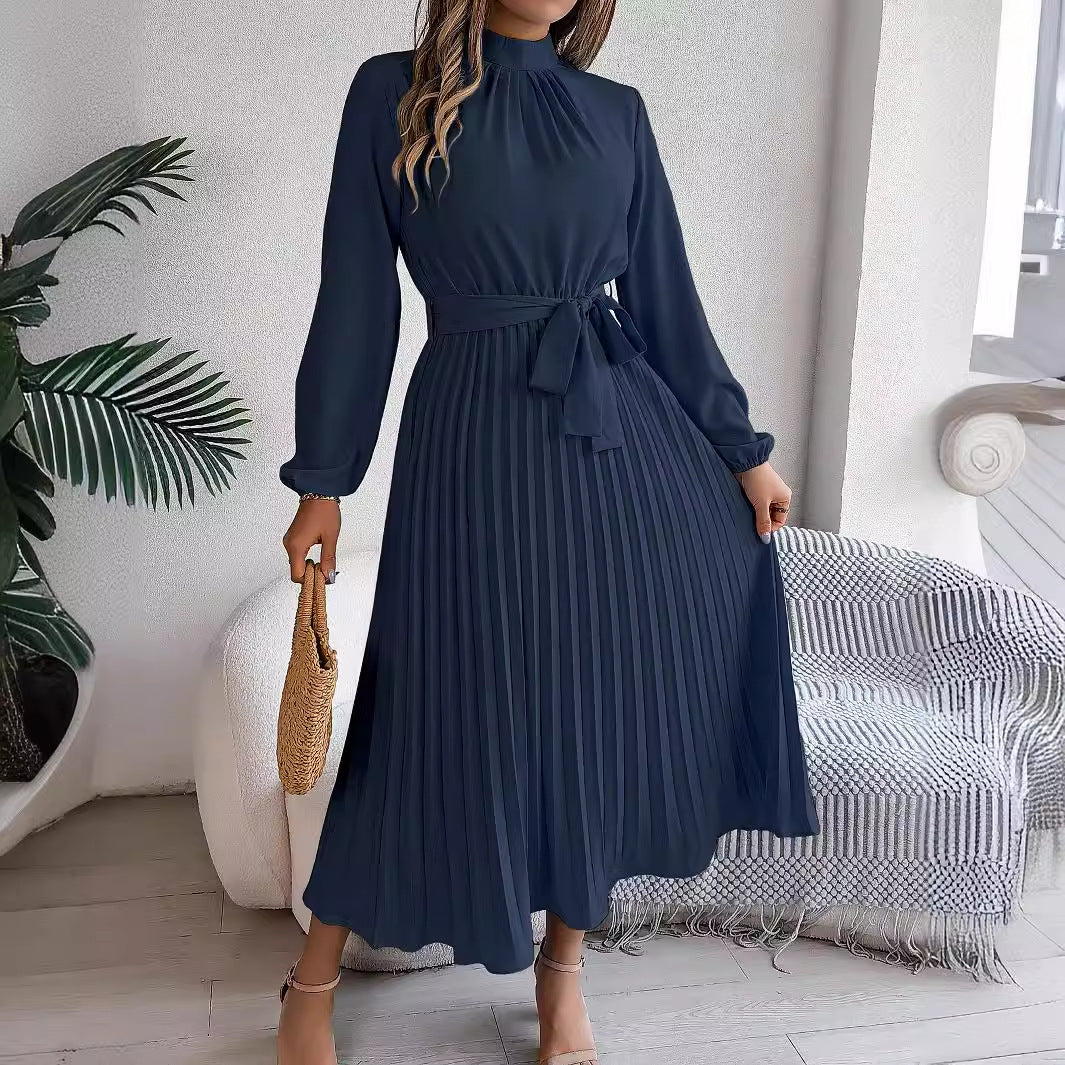 Robe longue élégante automne-hiver à col montant, manches longues et plissée, taille S, vêtements pour femmes
