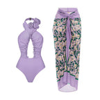 Lonkey French Two Sets Women Swimsuit Solid Color Flying Edge Cross Hollow Out Cutout-out Swimsuit Women