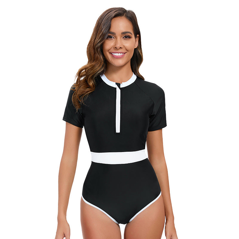 Traje de baño de una pieza de manga corta a juego con colores para mujer, traje de surf ajustado sexy, traje de baño triangular