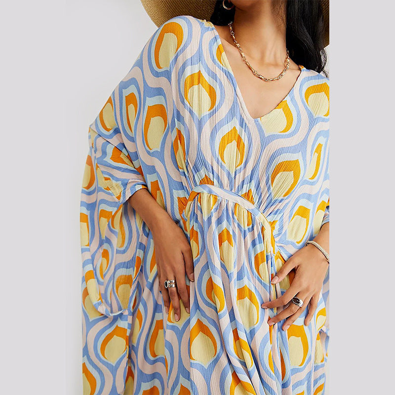 Summer Beach Dress Women Casual Vacation Printed Pullover Bikini Swimsuit Blouse Sun Protection Clothing Mangar