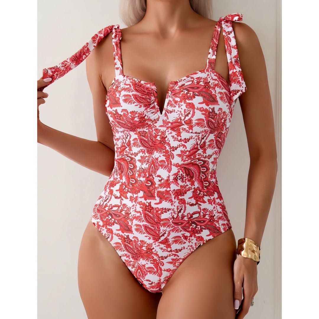 Traje de baño conservador de bikini siamés con estampado digital que cubre el vientre y adelgaza el escote en V.