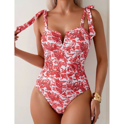 Traje de baño conservador de bikini siamés con estampado digital que cubre el vientre y adelgaza el escote en V.