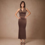 Vestido elegante con cuello en V y cuello halter para mujer, vestido de verano de alta calidad, vestido sexy.