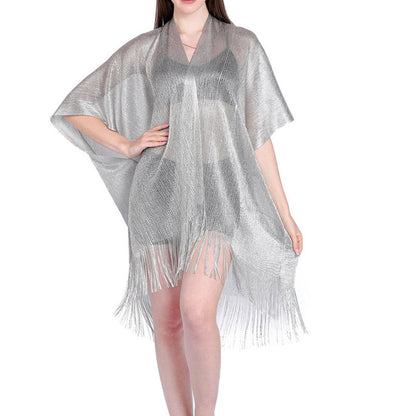 Mesh Gold Silver Silk Beach Cover-up See-through Vacation Sun Protection Cardigan Bikini Outer Overclothes Shirt