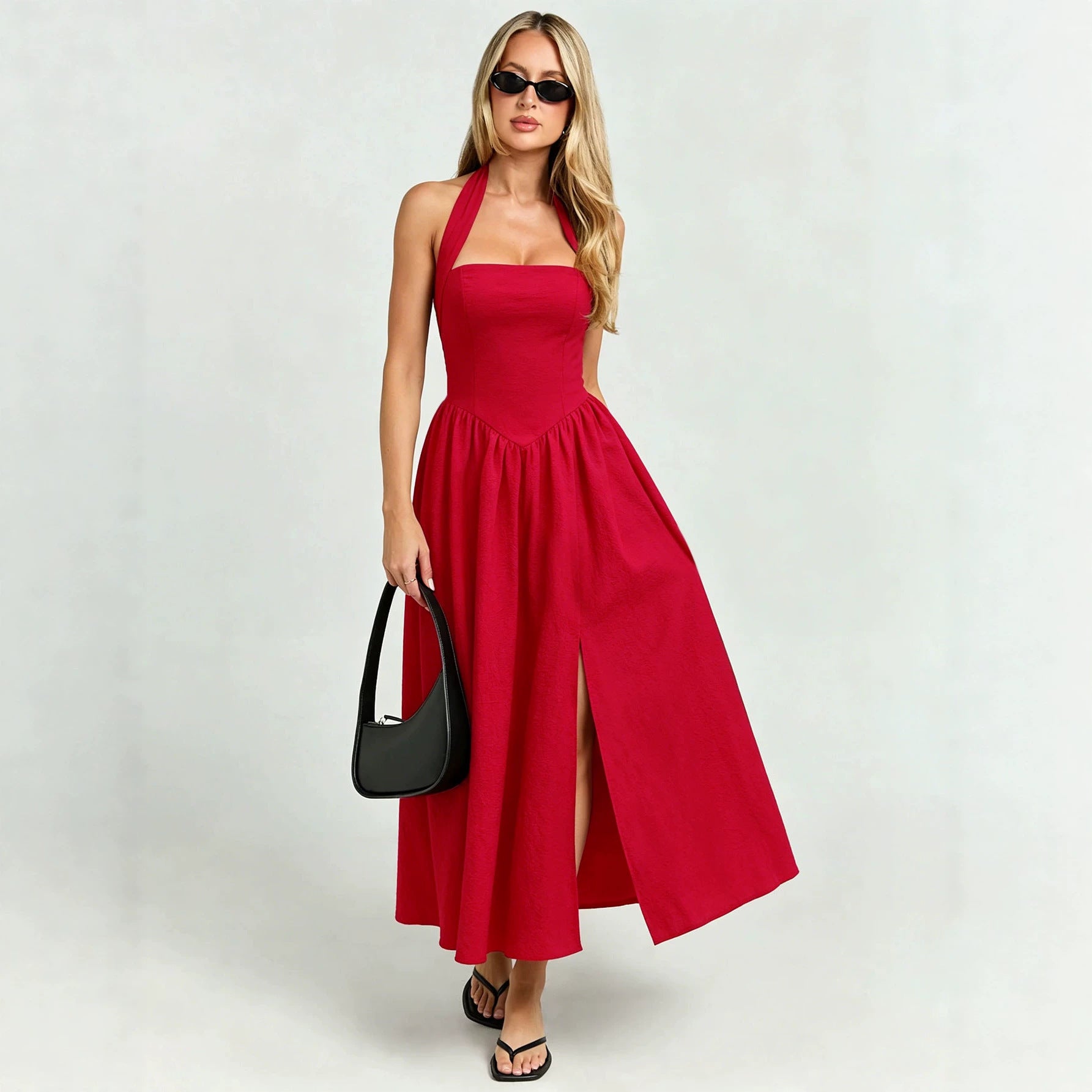 Halter Lace up Dress Women Backless Waist Trimming Large Swing Split Red Atmosphere Holiday Midi Dress Yiskiss
