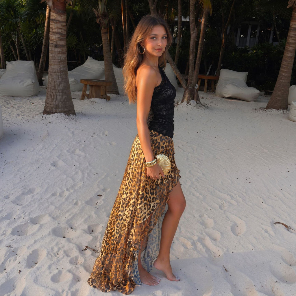 Seaside Vacation Leopard Splicing One Shoulder Dress Women Clothing Early Summer Exquisite Sexy Slim Fit Maxi Dress Dio