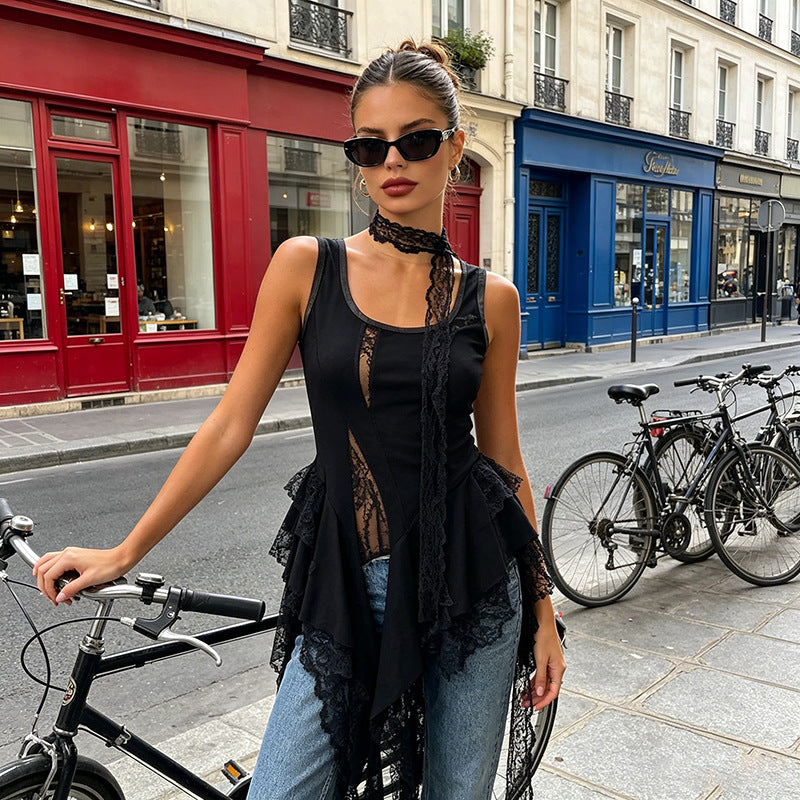 Summer Lace Stitching Vest Sexy Lightly Mature Scarf Ribbon All Matching Top for Women OFMY