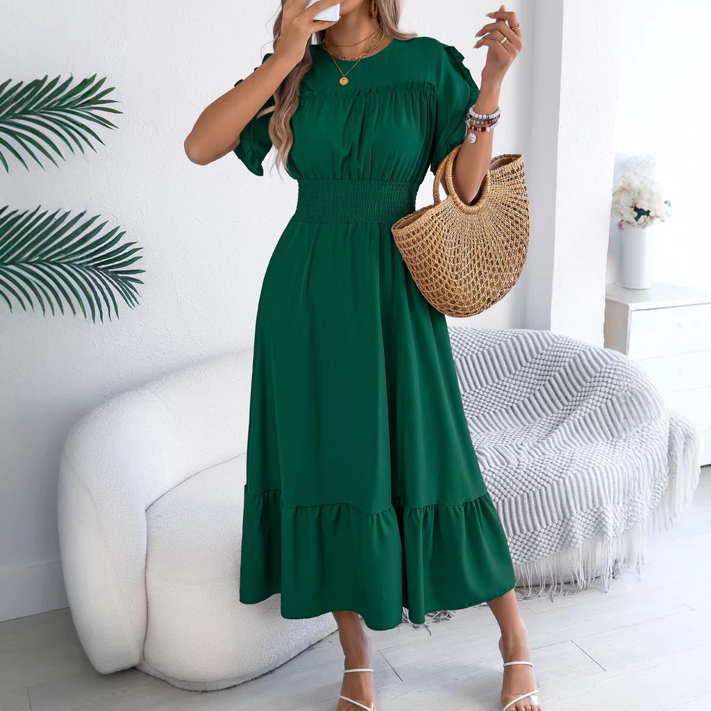 Spring Summer Casual Stringy Selvedge Short Sleeve Smocking Waist Controlled Large Hem Maxi Dress Women Clothing BAGIISA