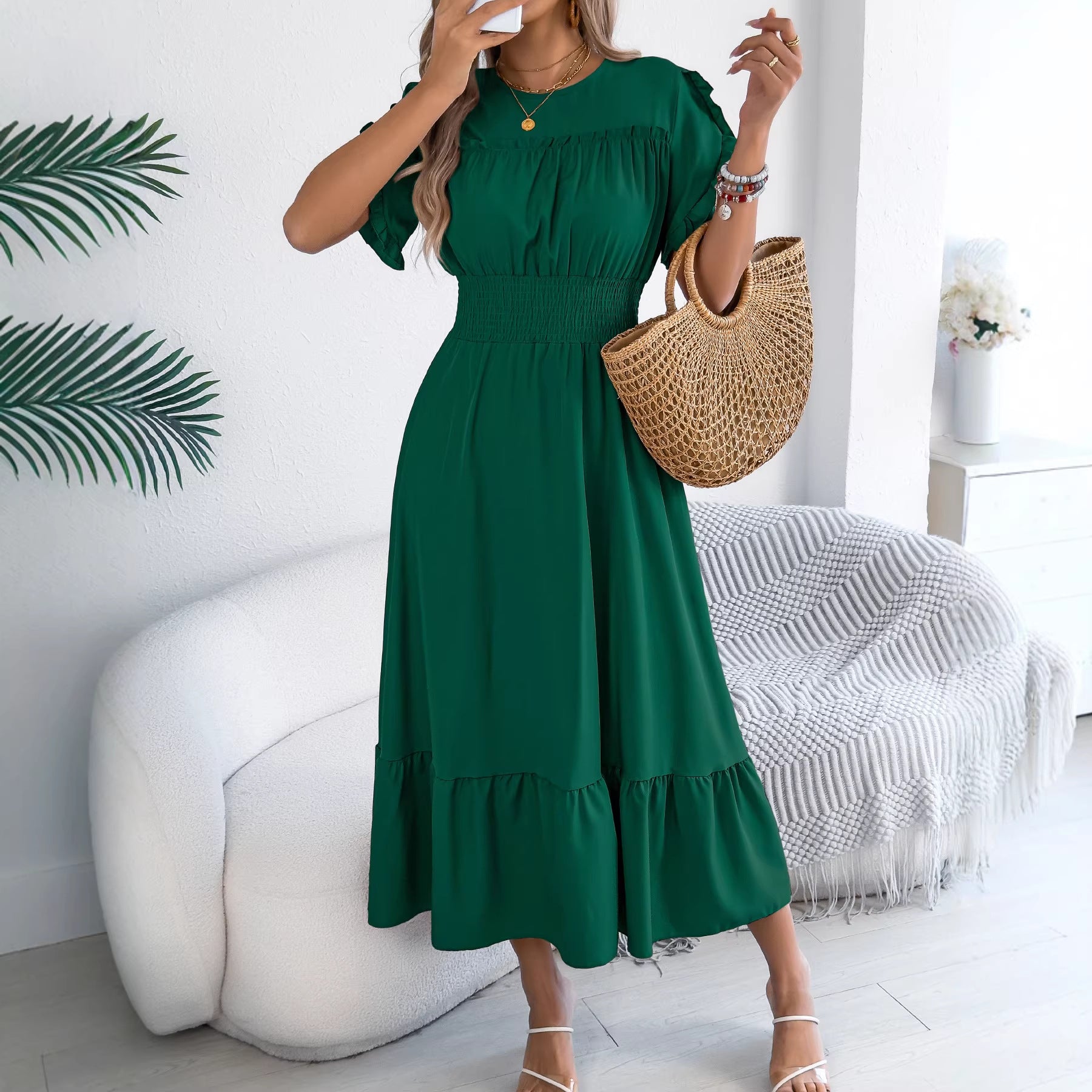 Spring Summer Casual Stringy Selvedge Short Sleeve Smocking Waist Controlled Large Hem Maxi Dress Women Clothing BAGIISA