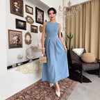 Summer Women Clothing Elegant Slimming Sleeveless Backless Denim Dress YooYoung
