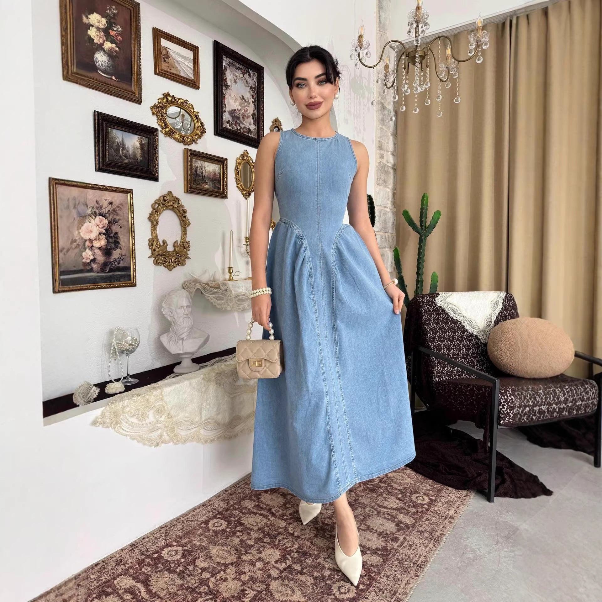 Summer Women Clothing Elegant Slimming Sleeveless Backless Denim Dress YooYoung
