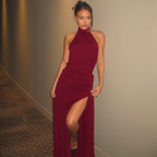 Women Clothing Summer Solid Color Tied Halter Dress Sexy Backless Slit Slim Dress LEKINS