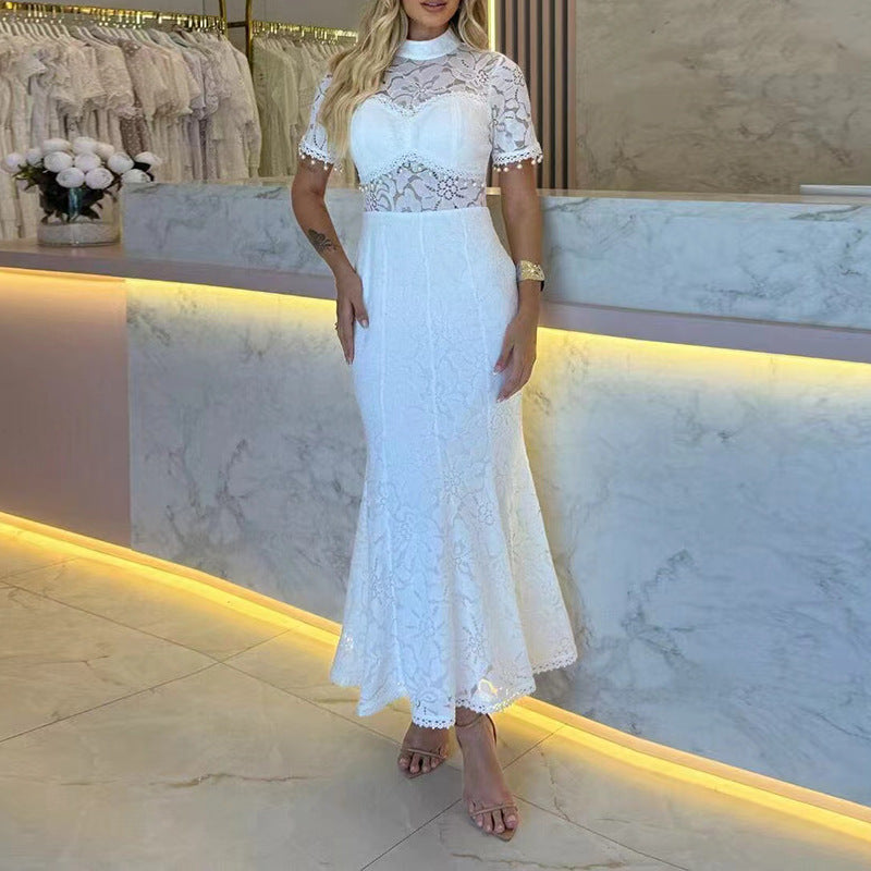 French Sneaky Design Light Luxury Dress Autumn Stand Collar Short Sleeve Lace Hollow Out Cutout Sheath Dress for Women